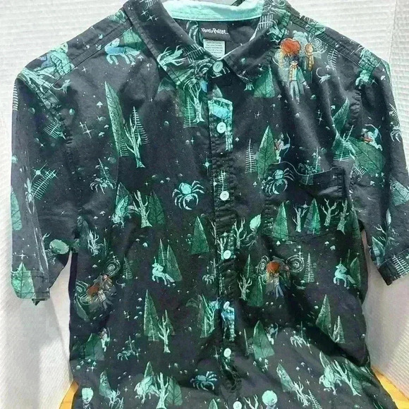 Harry Potter Shirt Mens M Black Green Forbidden Forest Wizard Button Hot Topic - Picture 8 of 8